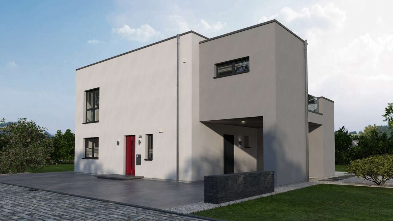 Ein­fa­mi­li­en­haus mit integriertem Carport