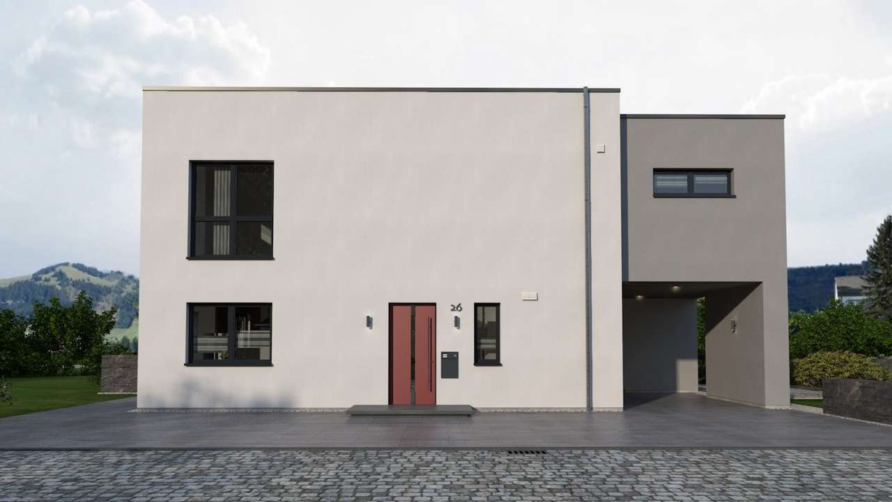 Ein­fa­mi­li­en­haus mit integriertem Carport